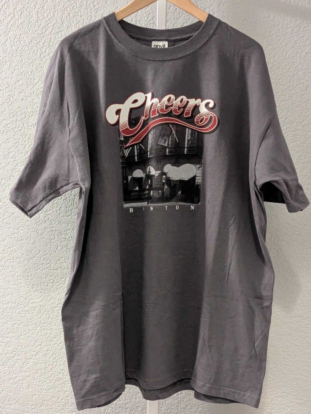 Vintage 2002 Cheers Boston T-Shirt XL Gray Anvil Red Bar USA Fabric